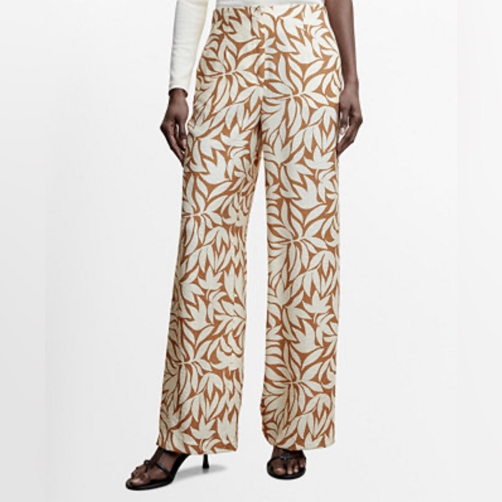 MANGO - Wide-Leg - Leaf Print Pants - Cream & butterscotch tan - size large